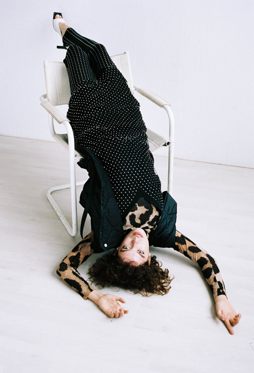 Off Balance — Turtleneck Ganni Dress, Leggings & Earrings lala Berlin Vest Our Legacy Shoes Wandler