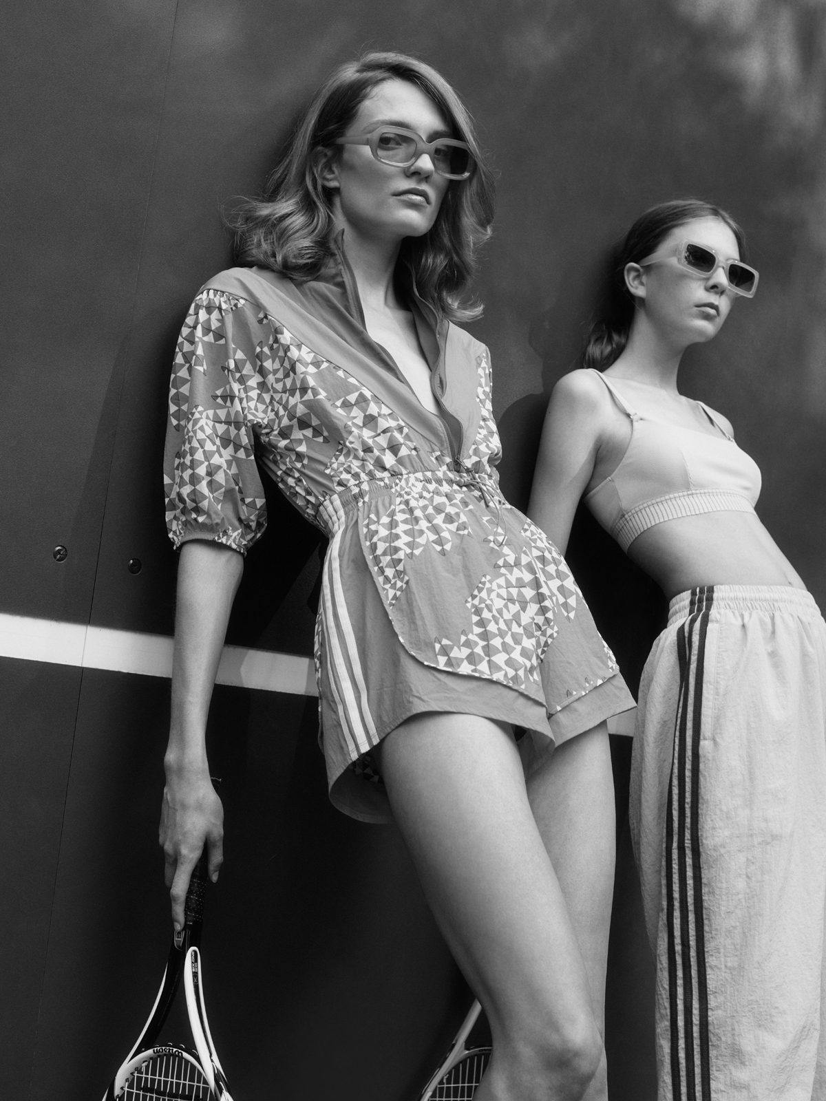 Shadows And Strings — Left: Jumpsuit Farm Rio x Adidas Sunglasses Vintage Shoes Adidas Gazelle Socks COS Right: Bra Natori Trousers Adidas Shoes Adidas Gazelle Socks COS Sunglasses Vintage