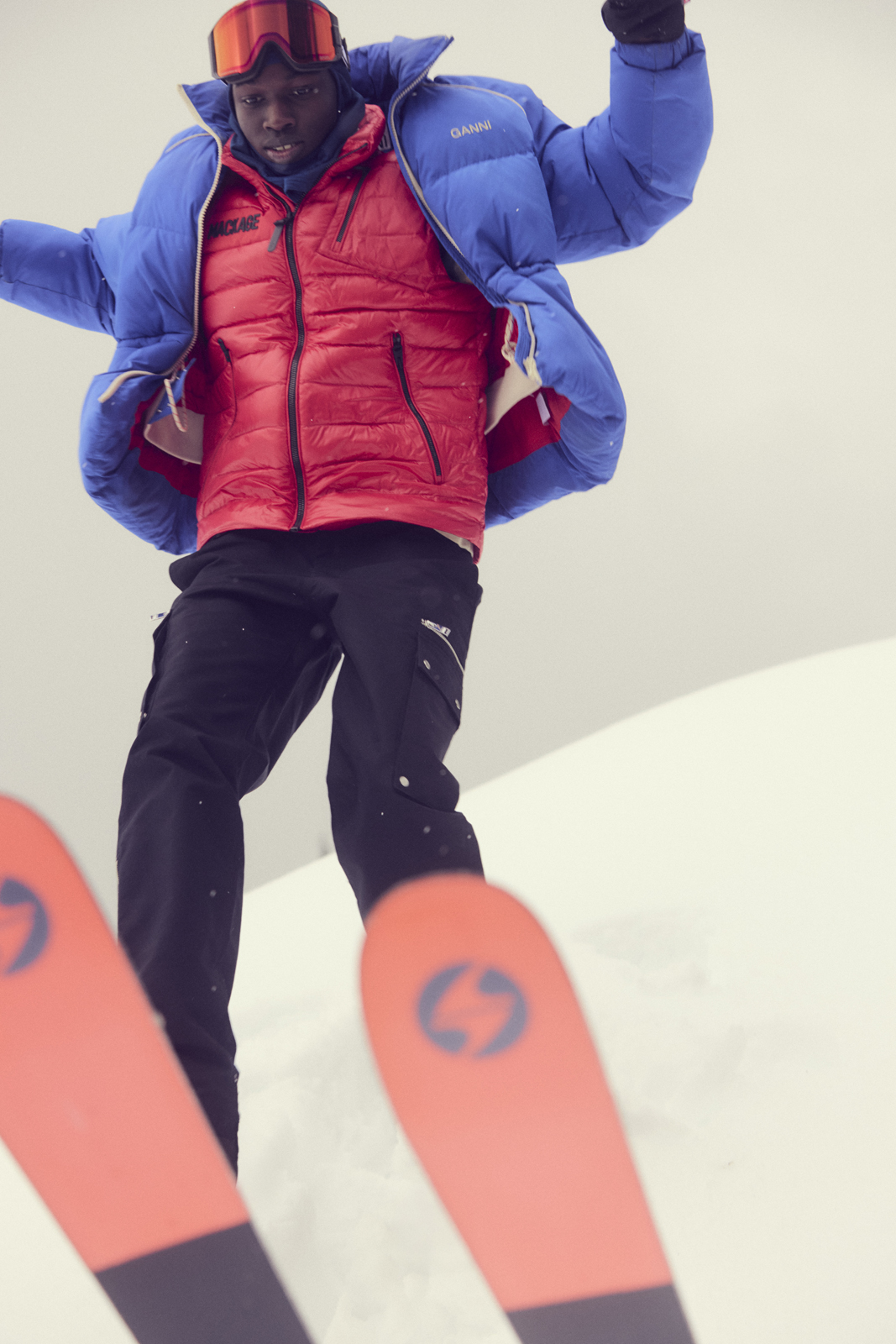 No Shelter North — Jacket Ganni Vest Mackage Belaclava Atmosphere Gloves Kombi Goggles Oakley