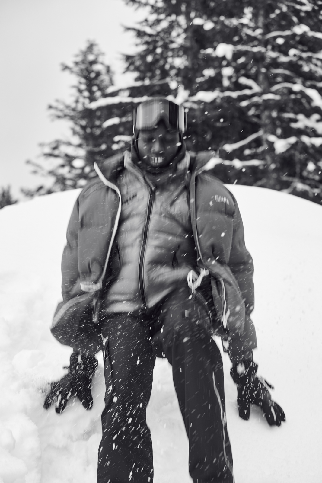 No Shelter North — Jacket Ganni Vest Mackage Belaclava Atmosphere Gloves Kombi Goggles Oakley