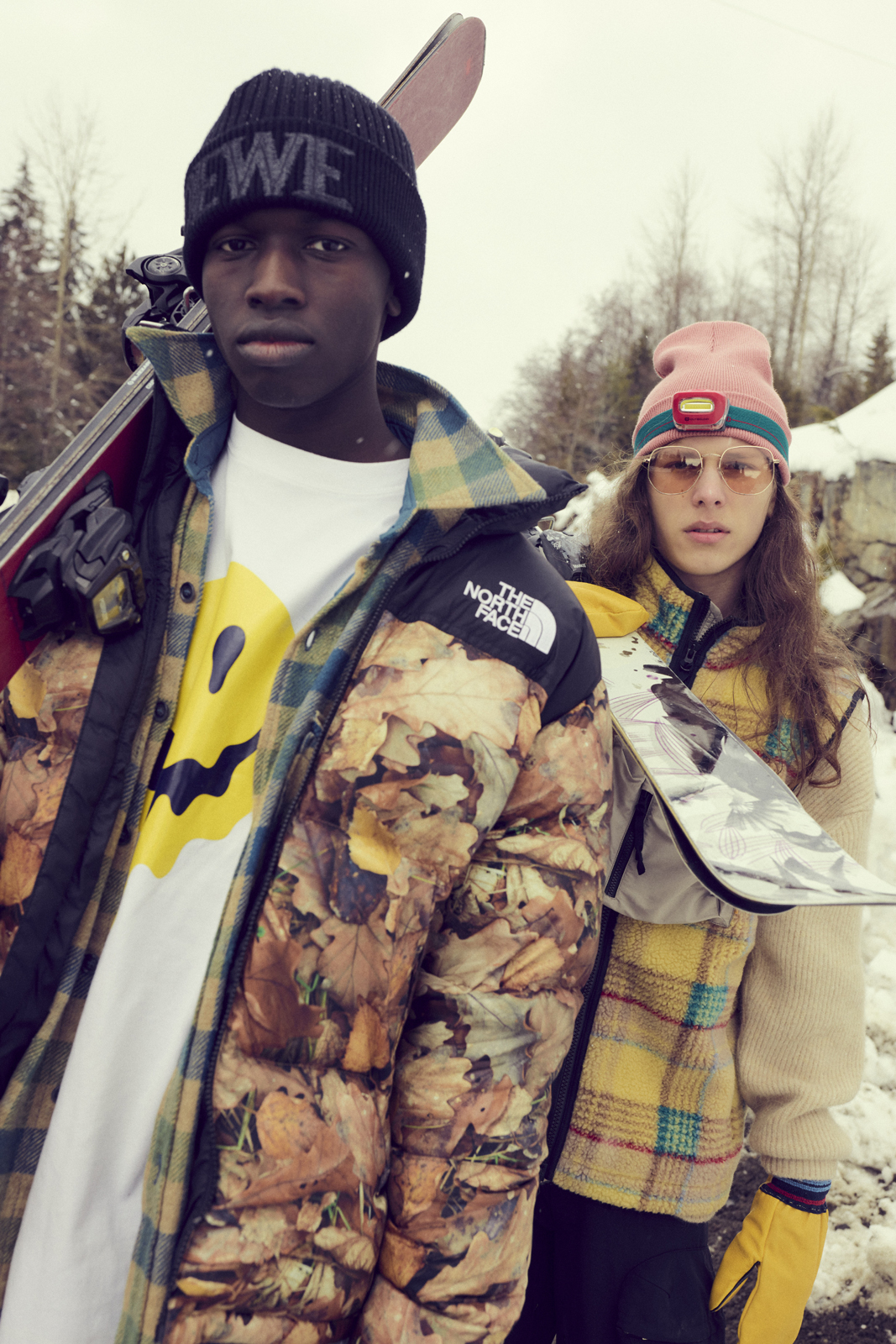 No Shelter North — Left: Jacket Gucci x The North Face Shirt Balenciaga Hat Loewe Pants Prada Boots Ferragamo / Right: Jacket Rains Vest Canada Goose Hat Le 21 Pants Givenchy Boots Salomon Gloves Marks