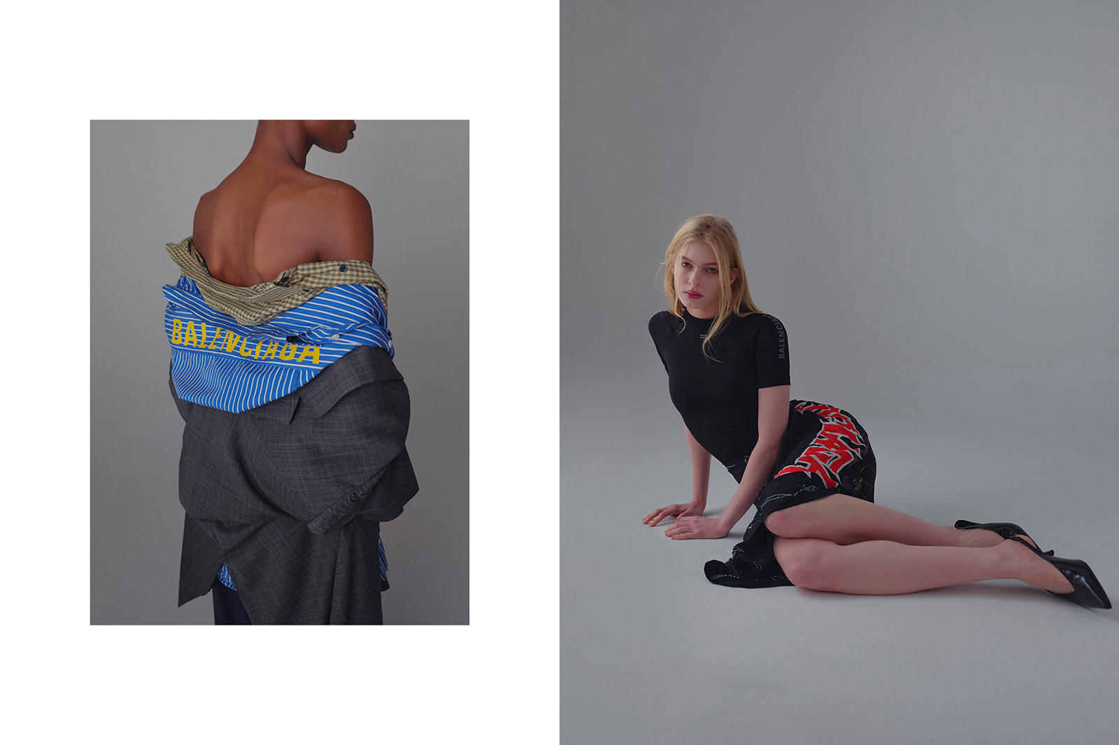 Nueé — Left: Jacket & Shirt Balenciaga Shirt Vintage Right: Top & scarf Balenciaga Shoes Vintage